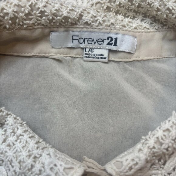 SOLD 90's Forever 21 Cream Sheer Short Sleeve Blouse with Lace Collar  Size L - Picture 7 of 8